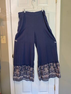 Cato Navy Wide-Leg Pants with Printed Hem Detail